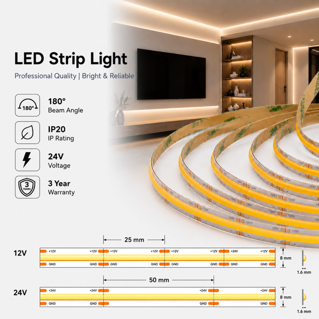 led strip lights / cob / 24v / 10w/m / 3000k / 4000k / 6000k / ip20 / 3 year warranty