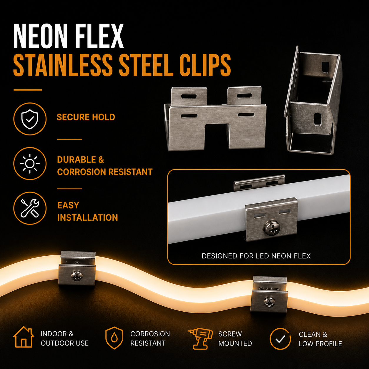 led neon flex mounting clips stainless steel