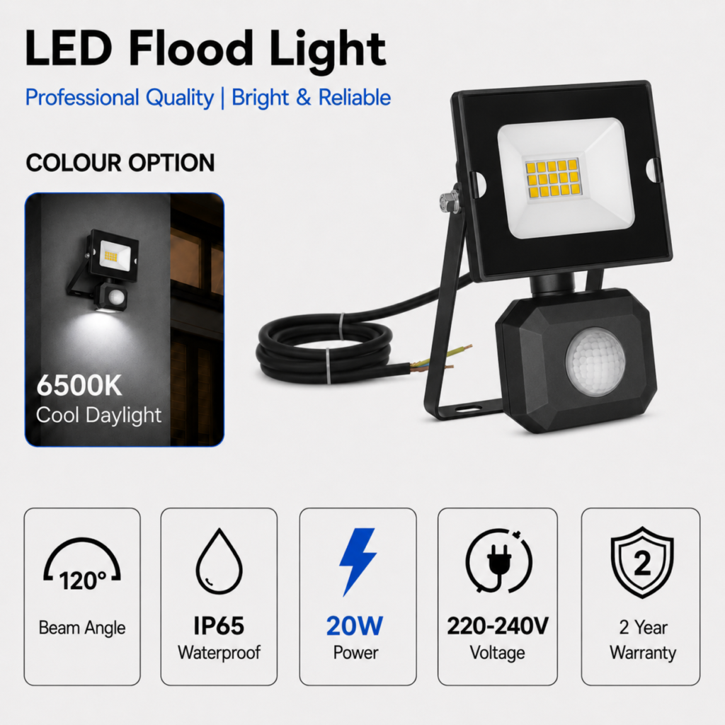 led flood light / 20w / motion sensor / 1700lm / 6500k / 2 year warranty