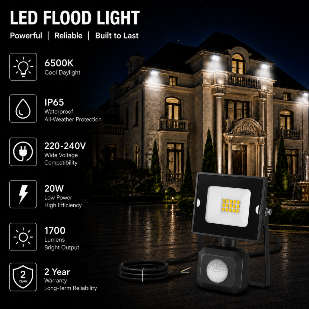 led flood light / 20w / motion sensor / 1700lm / 6500k / 2 year warranty