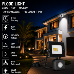 led flood light / 20w / motion sensor / 1700lm / 6500k / 2 year warranty