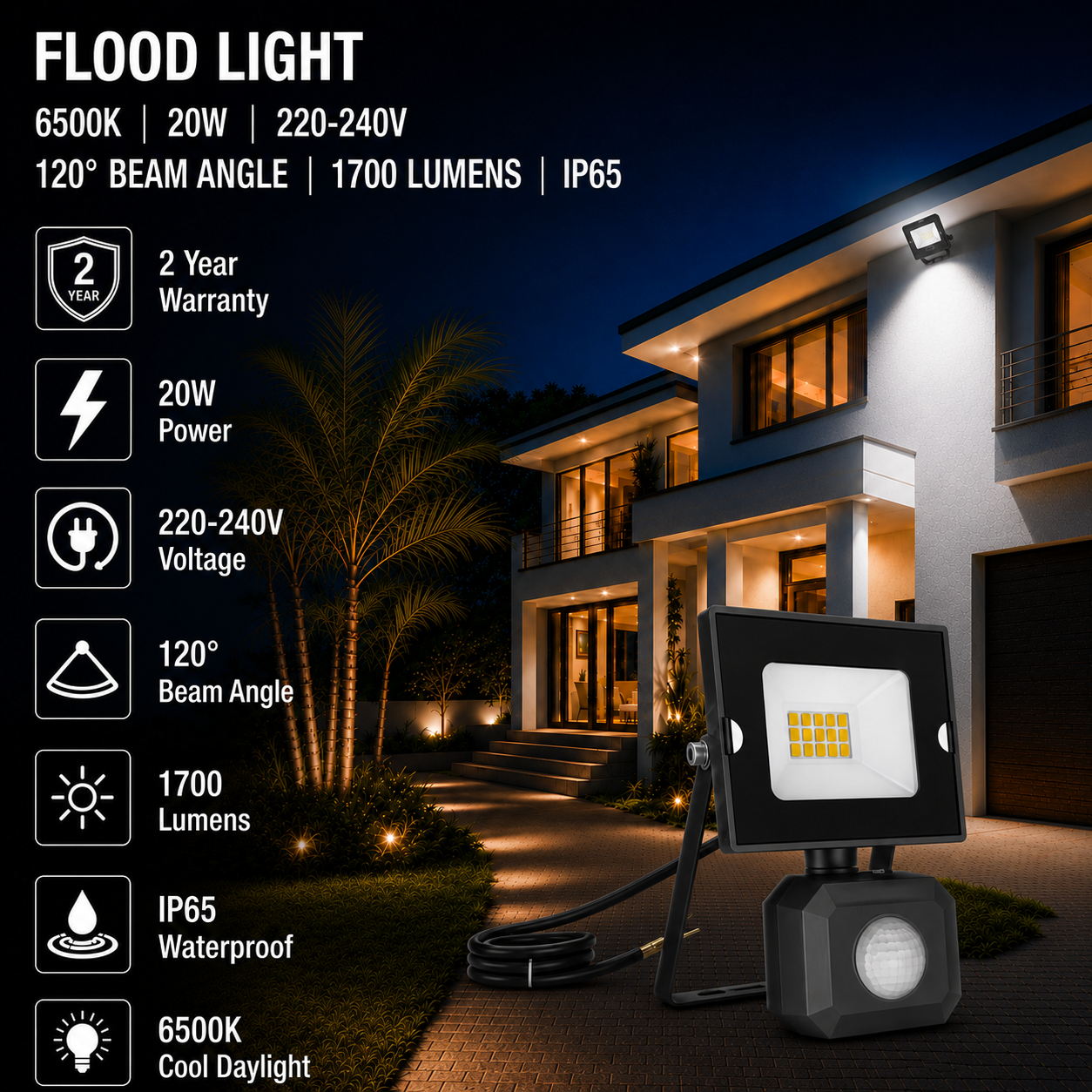led flood light / 20w / motion sensor / 1700lm / 6500k / 2 year warranty