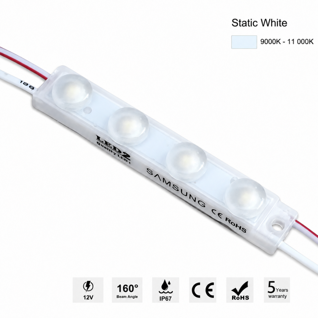 led module – 4 chip / 160° / 0.72w / 12v / 9000k – 11 000k / ice white / 5 year warranty