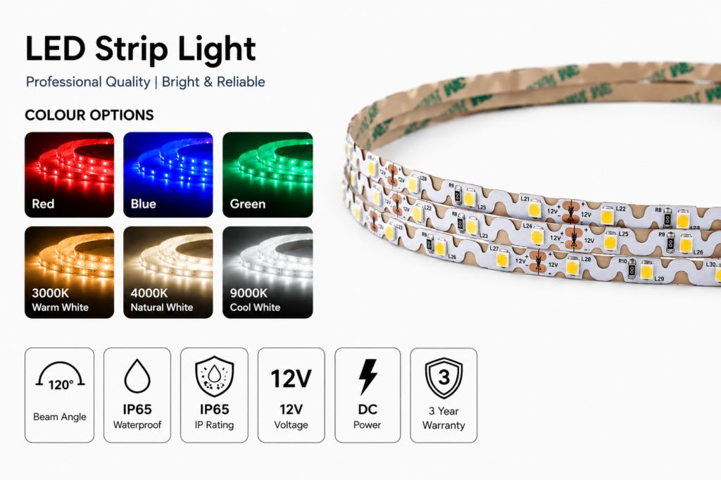 led strip lights / s strip / bendable / 12v / 5w/m / various colours / ip65 / 3 year warranty