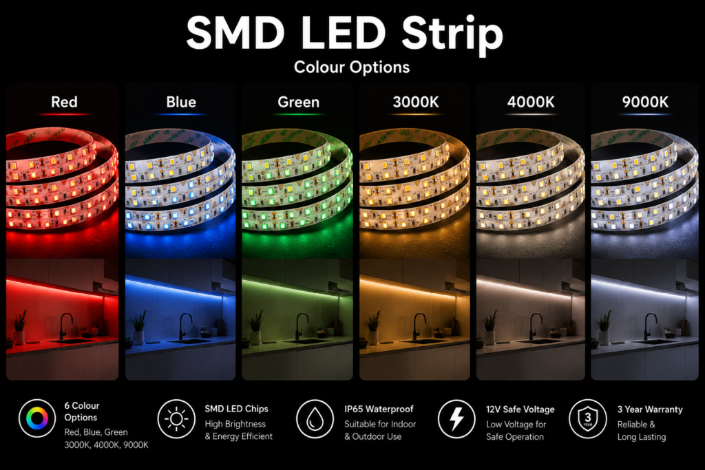 led strip lights / s strip / bendable / 12v / 5w/m / various colours / ip65 / 3 year warranty