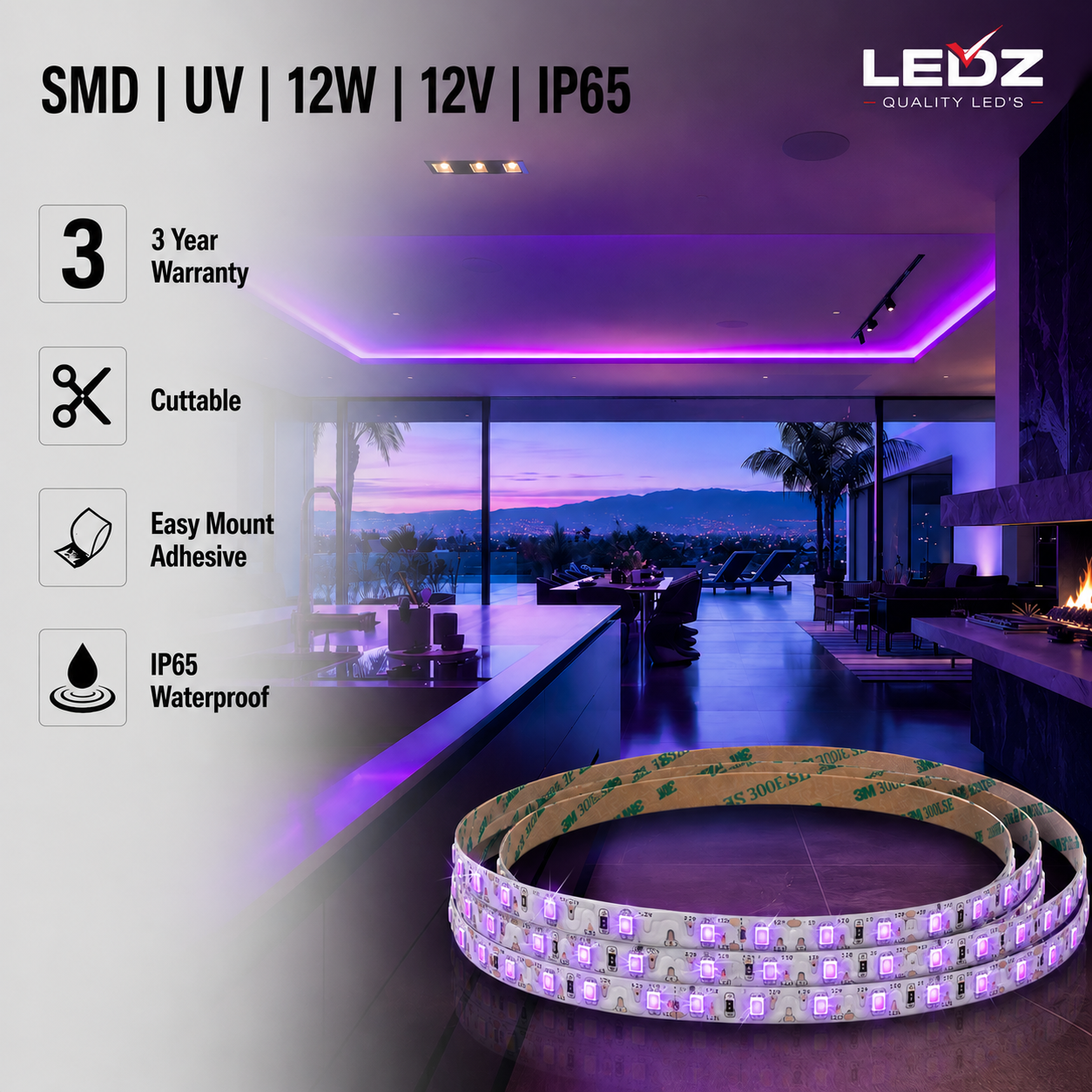 led strip lights / ultra violet / 12v / 12 w/m / ip65 / 3 year warranty