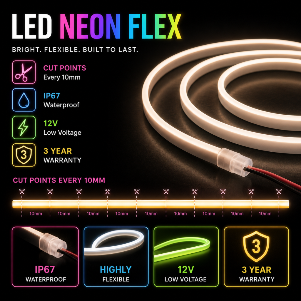 led neon flex / 12volt / 7.2w / 6mm x 12mm / various colours / 3 year warranty
