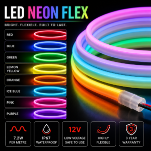 led neon flex / 12volt / 7.2w / 6mm x 12mm / various colours / 3 year warranty