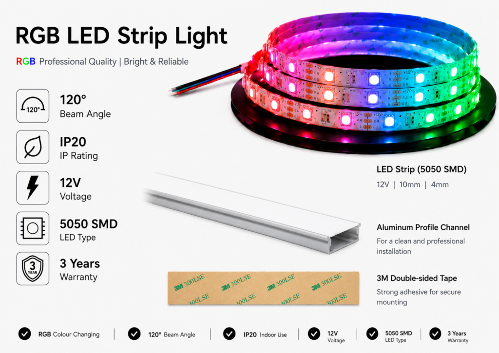 led strip lights / s strip / bendable / 12v / 6w/m / rgb colour changing / ip20 / 3 year warranty