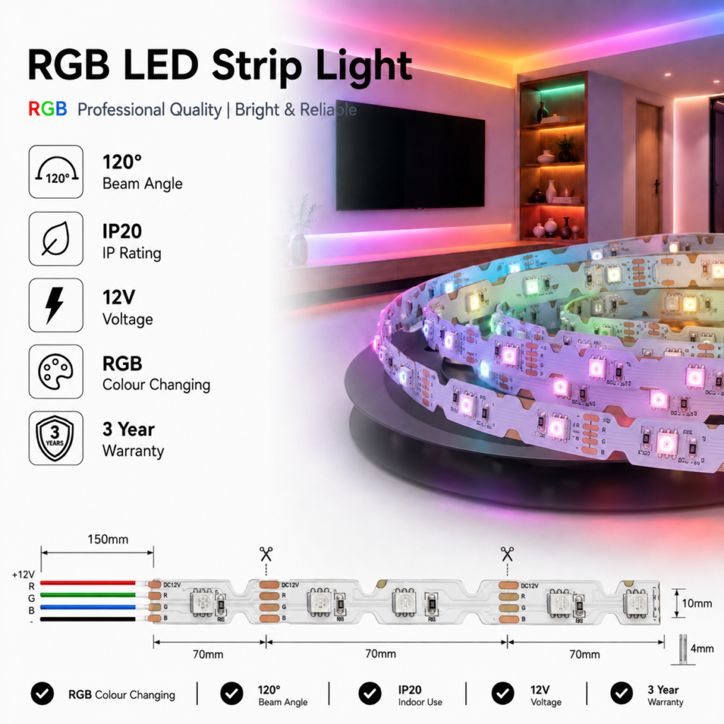 led strip lights / s strip / bendable / 12v / 6w/m / rgb colour changing / ip20 / 3 year warranty