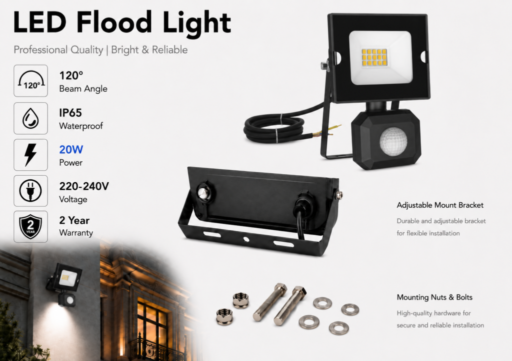 led flood light / 20w / motion sensor / 1700lm / 6500k / 2 year warranty