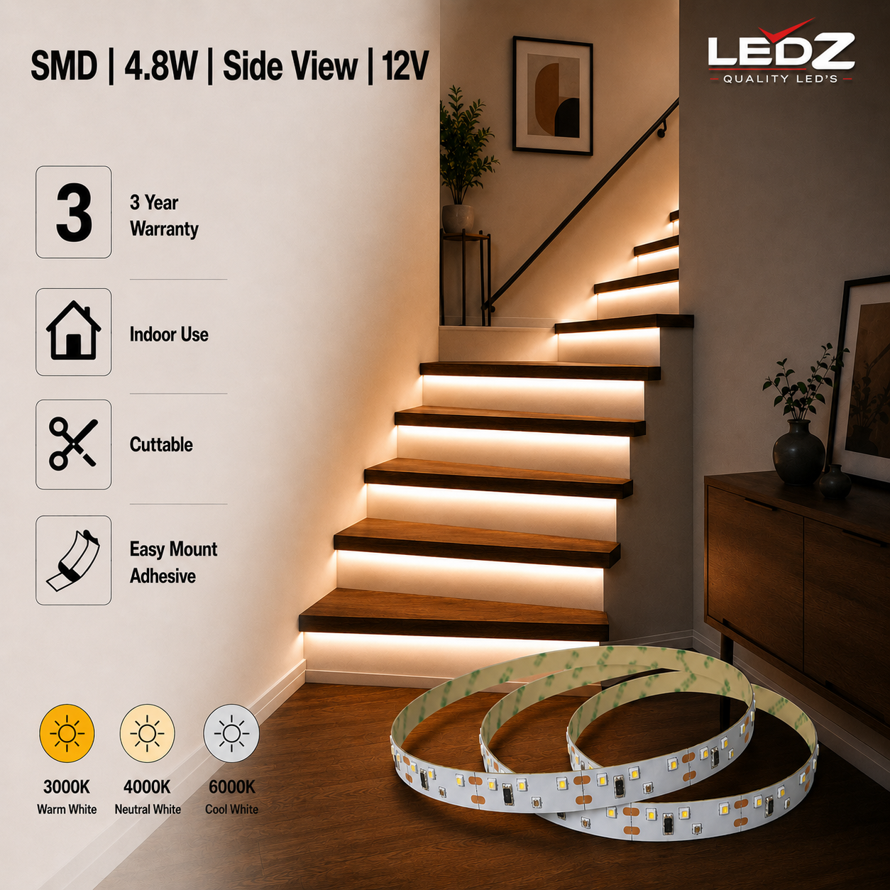 smd | side view led strip lights | 6000k | 4.8w | 12v