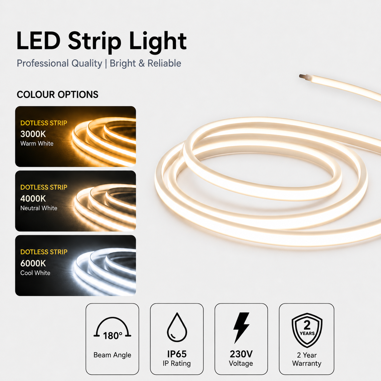 outdoor led strip lights / cob / 230v / 3000k / 4000k / 6000k / ip65 / 2 year warranty