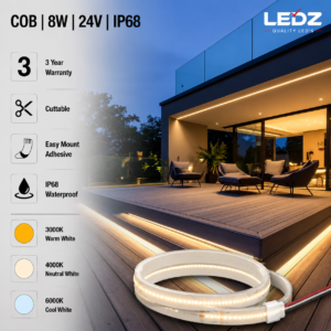 led strip lights / cob / 24v / 8w/m / 3000k / 4000k / 6000k / ip68 / 3 year warranty