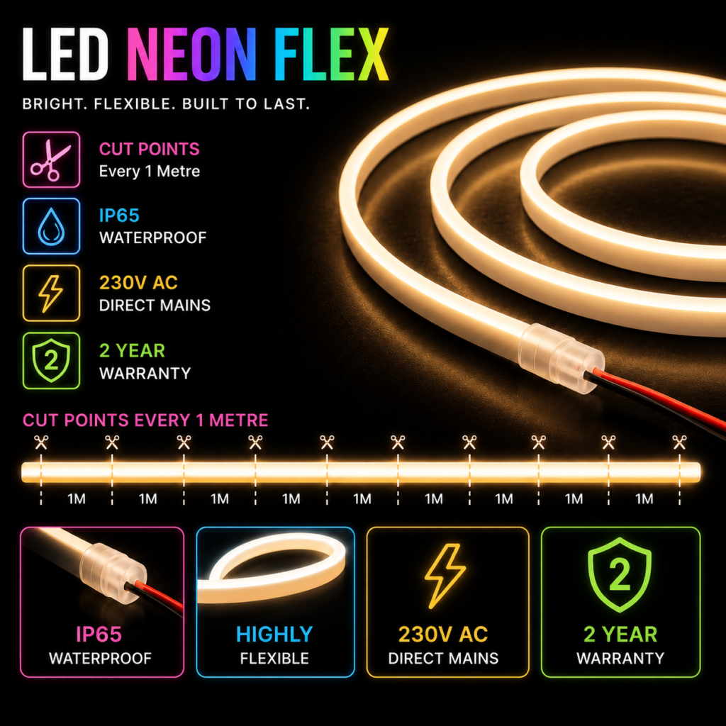 led neon flex / 220volt / 8w / 9mm x 16mm / various colours / 2 year warranty