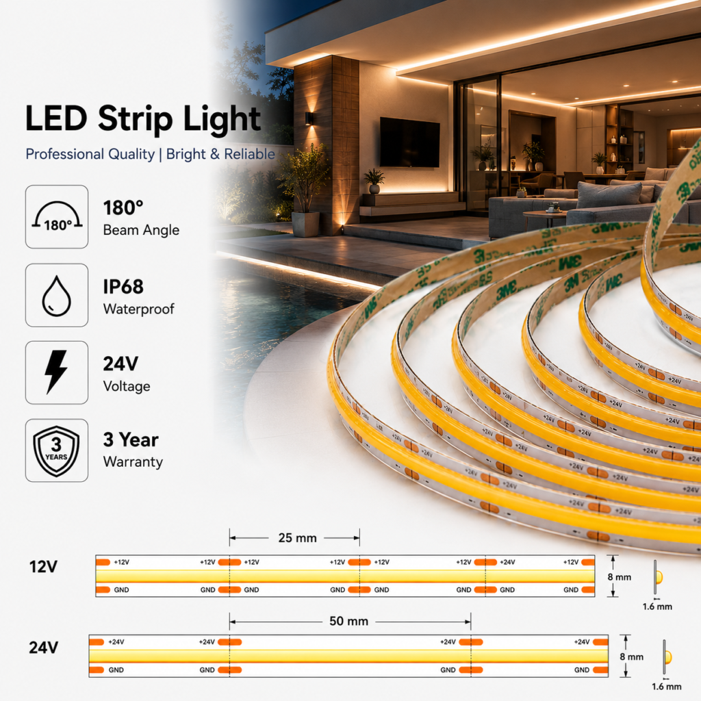 led strip lights / cob / 24v / 8w/m / 3000k / 4000k / 6000k / ip68 / 3 year warranty
