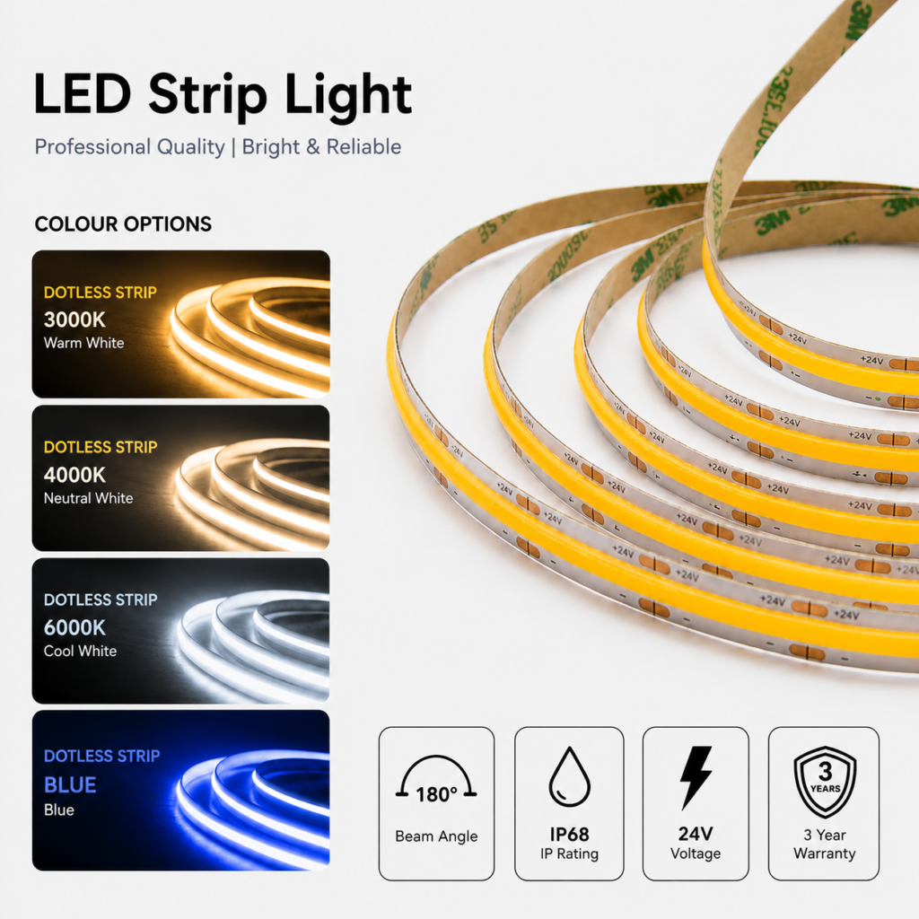 led strip lights / cob / 24v / 8w/m / 3000k / 4000k / 6000k / ip68 / 3 year warranty