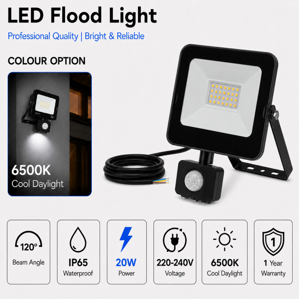 led flood light / 50w / motion sensor / 3800lm / 6500k / 1 year warranty