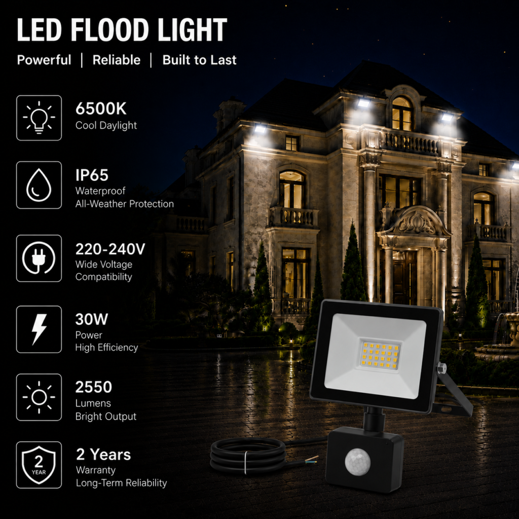 led flood light / 30w / motion sensor / 2550lm / 6500k / 2 year warranty