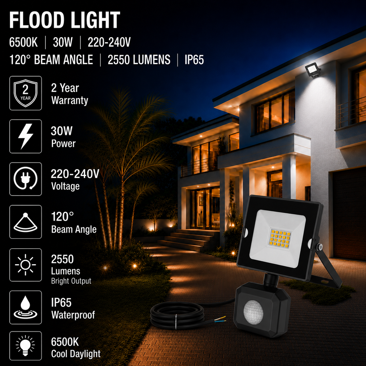 led flood light / 30w / motion sensor / 2550lm / 6500k / 2 year warranty