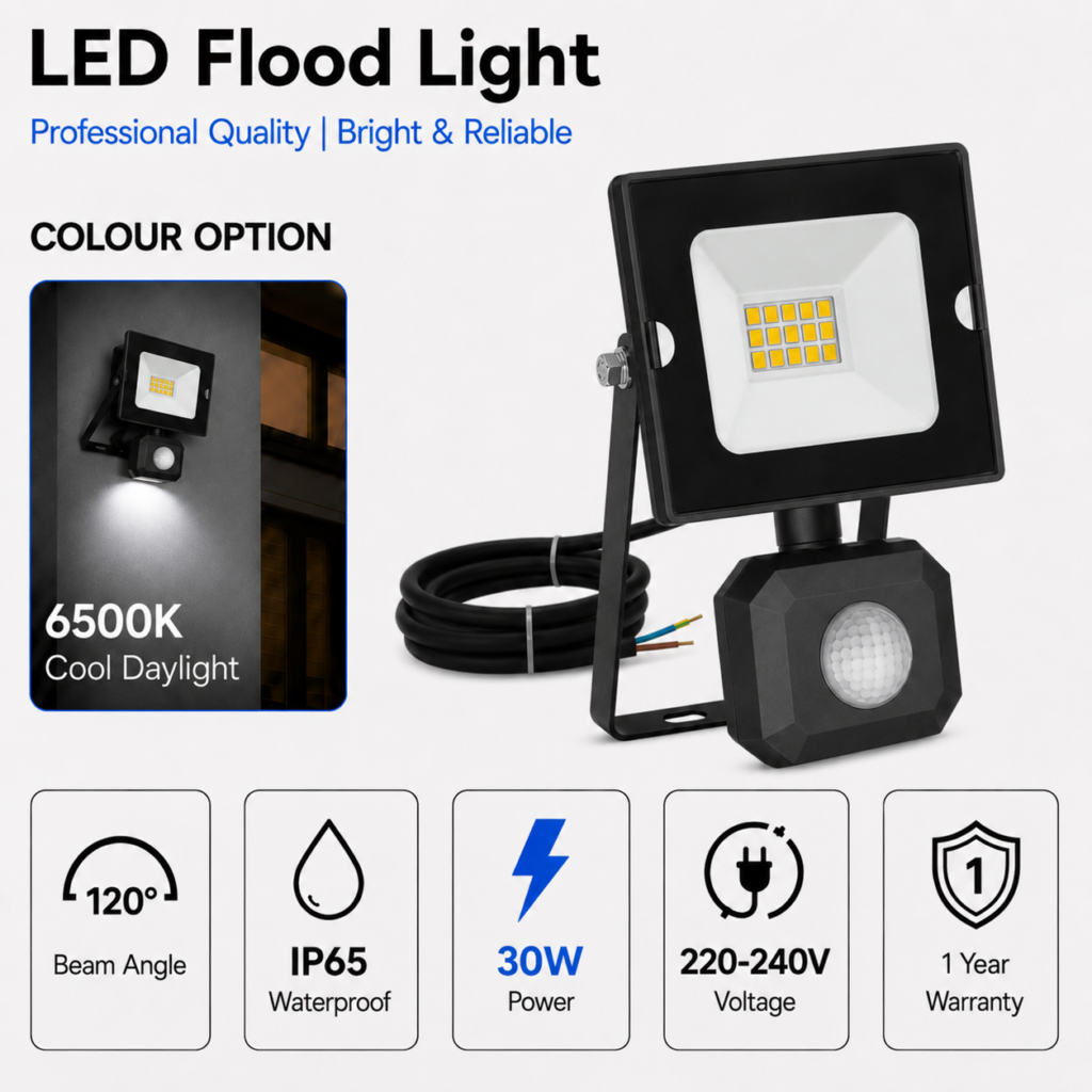 led flood light / 30w / motion sensor / 2300lm / 6500k / 1 year warranty