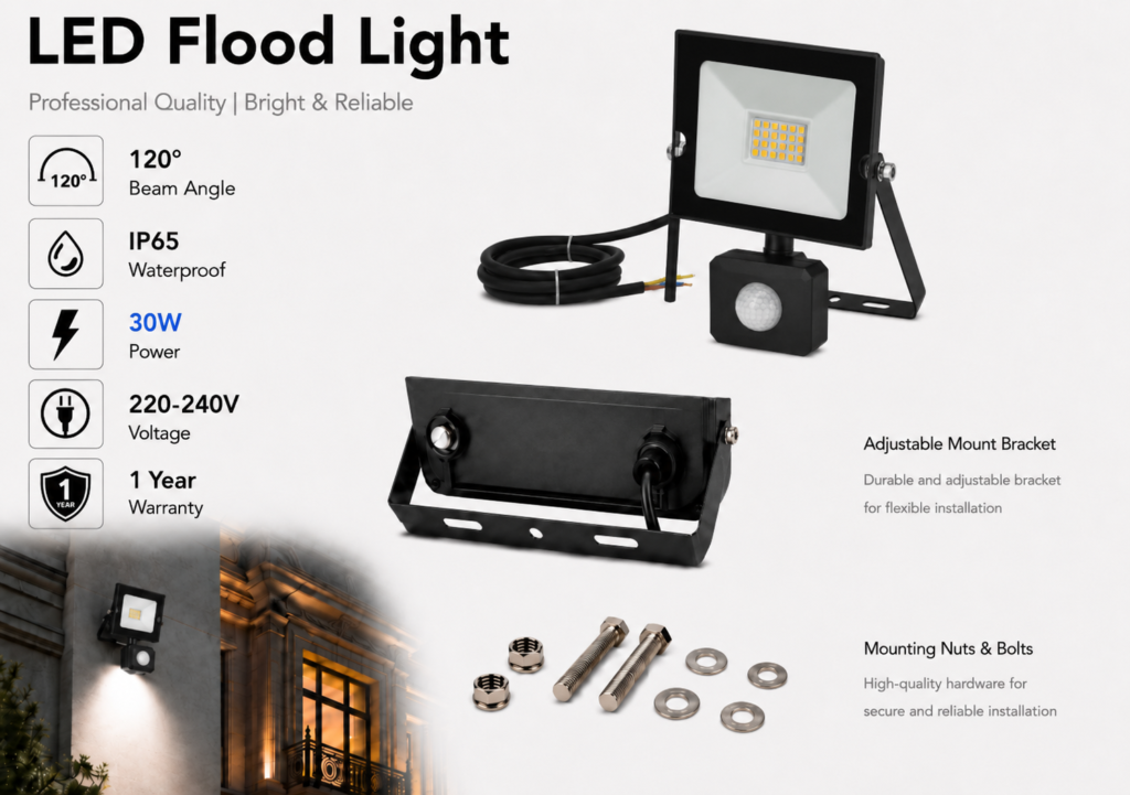 led flood light / 30w / motion sensor / 2300lm / 6500k / 1 year warranty