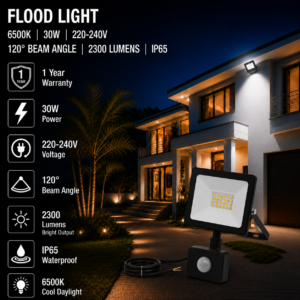 led flood light / 30w / motion sensor / 2300lm / 6500k / 1 year warranty