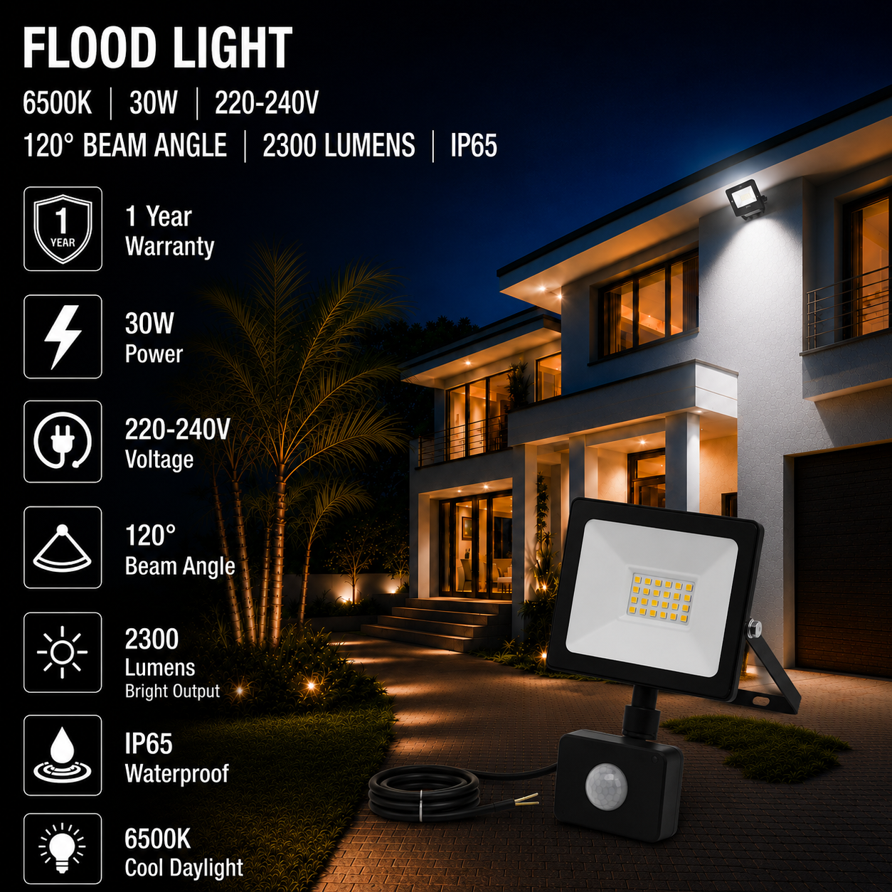 led flood light / 30w / motion sensor / 2300lm / 6500k / 1 year warranty