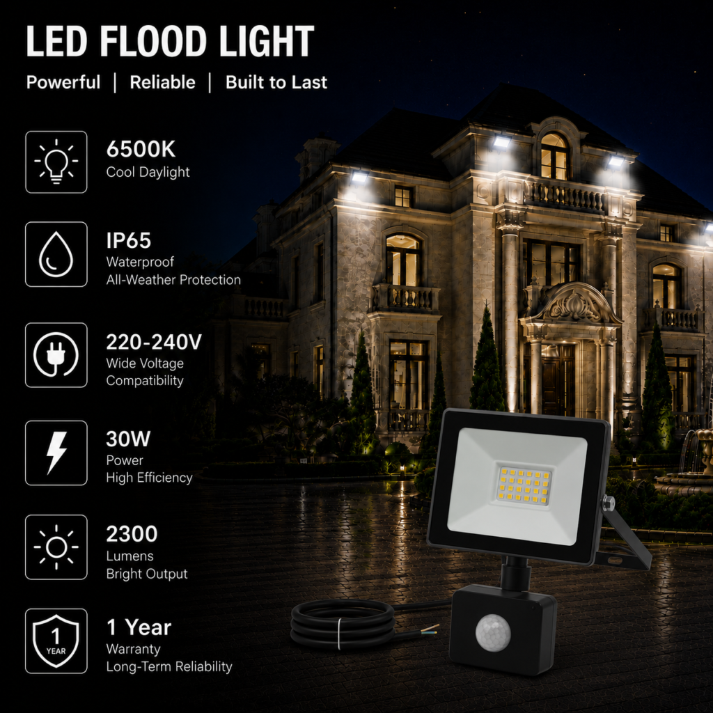 led flood light / 30w / motion sensor / 2300lm / 6500k / 1 year warranty