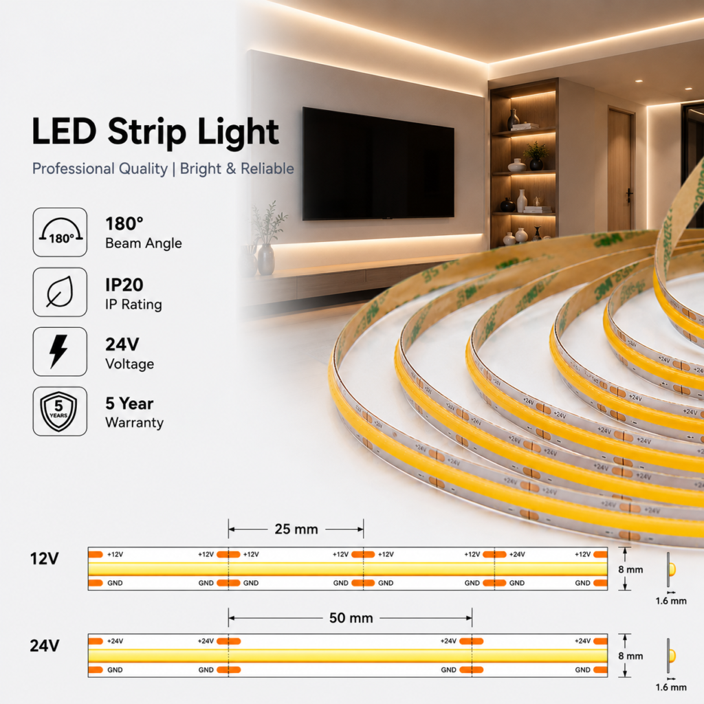 led strip lights / cob / 24v / 8w/m / warm / natural / cool white / ip20 / 5 year warranty