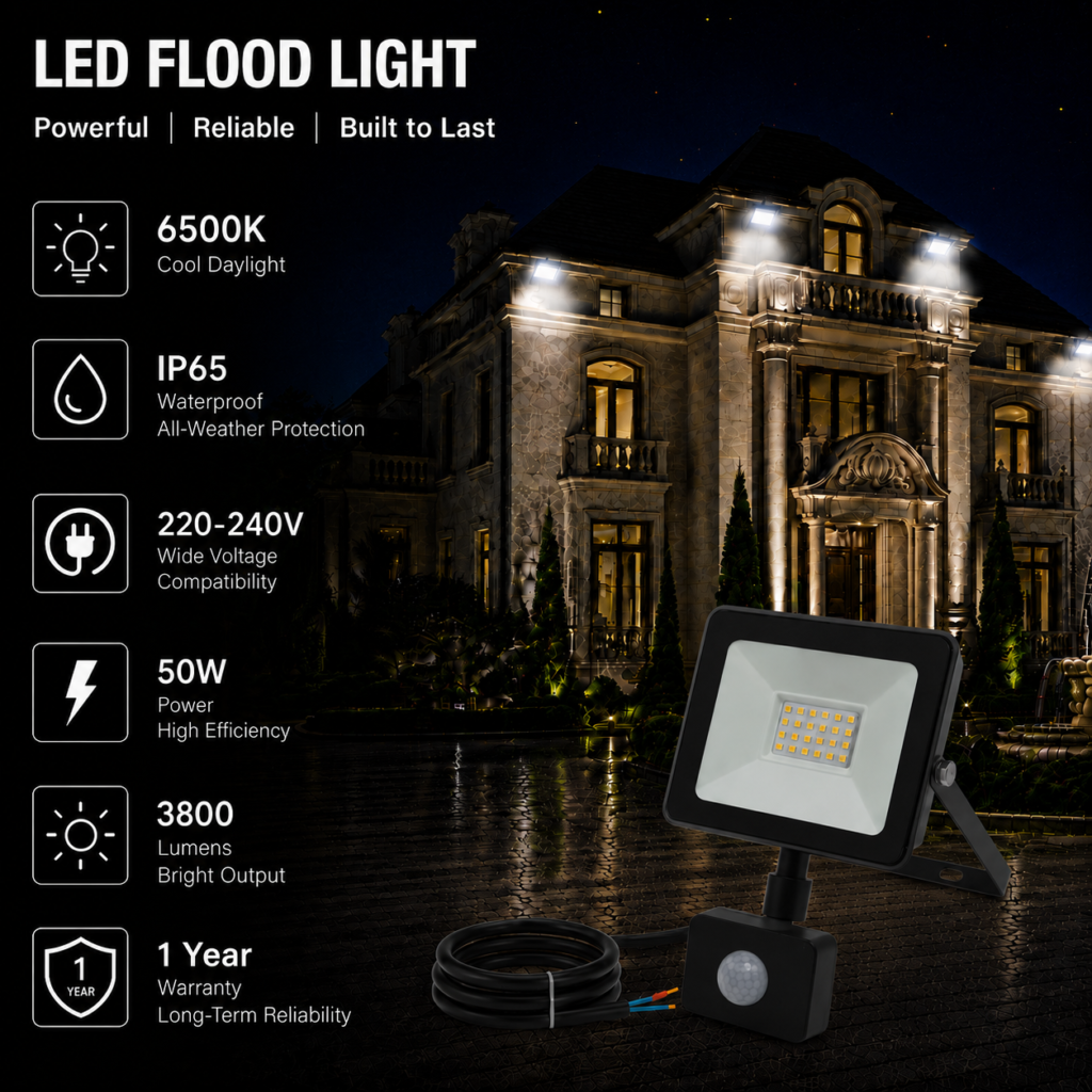 led flood light / 50w / motion sensor / 3800lm / 6500k / 1 year warranty
