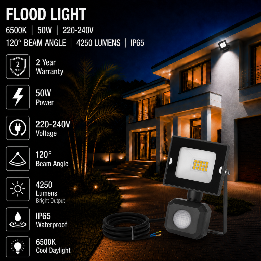 led flood light / 50w / motion sensor / 4250lm / 6500k / 2 year warranty
