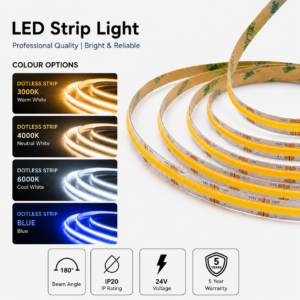 led strip lights / cob / 24v / 8w/m / warm / natural / cool white / ip20 / 5 year warranty