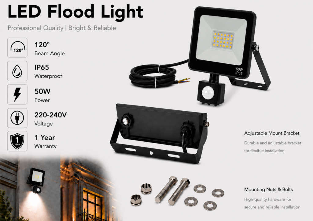 led flood light / 50w / motion sensor / 3800lm / 6500k / 1 year warranty