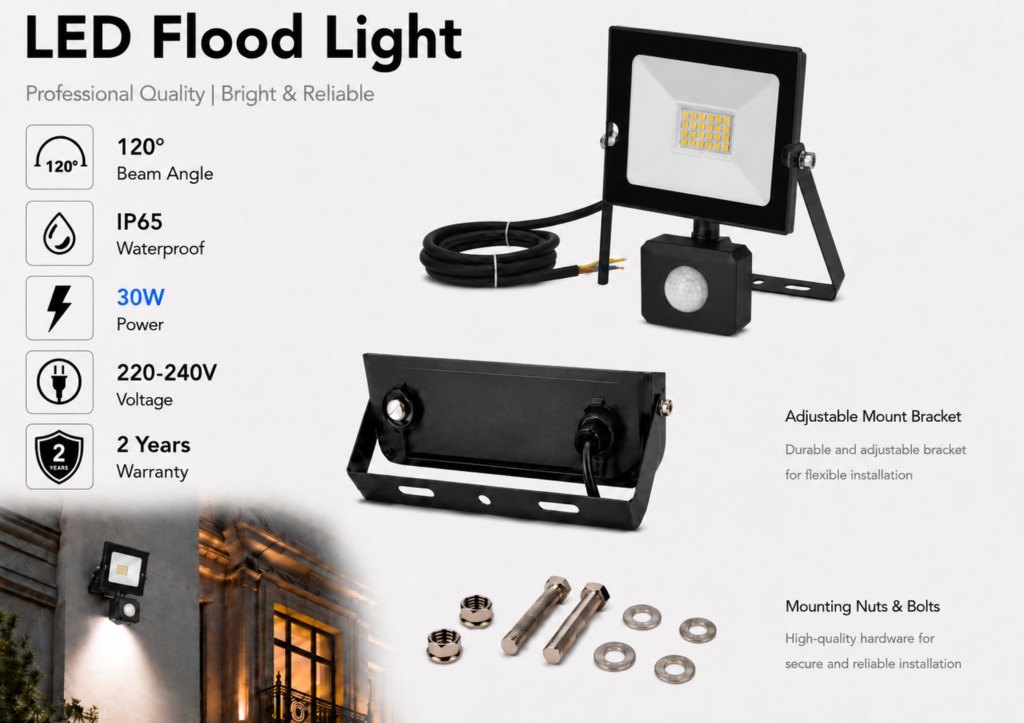 led flood light / 30w / motion sensor / 2550lm / 6500k / 2 year warranty