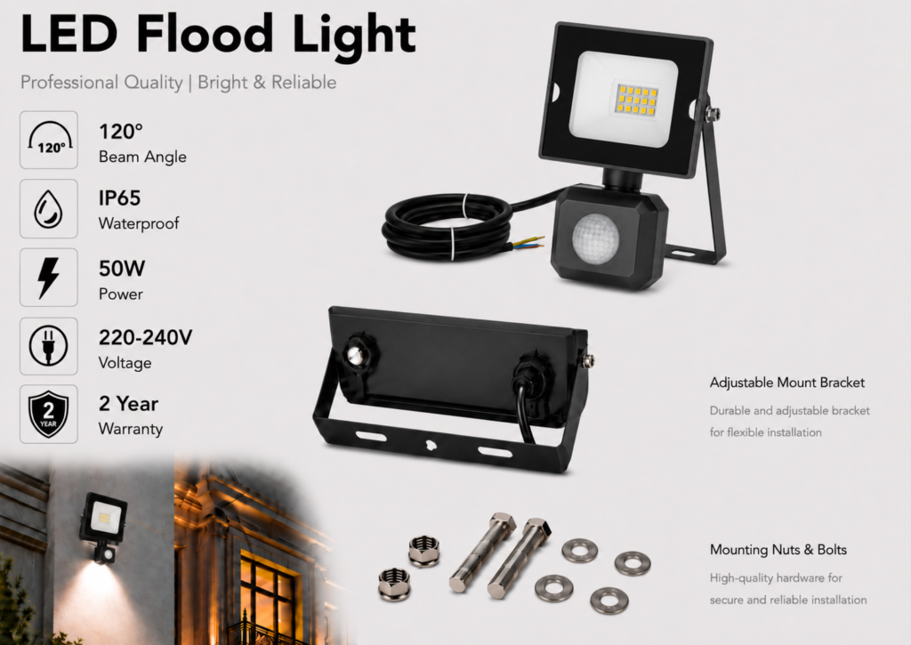 led flood light / 50w / motion sensor / 4250lm / 6500k / 2 year warranty