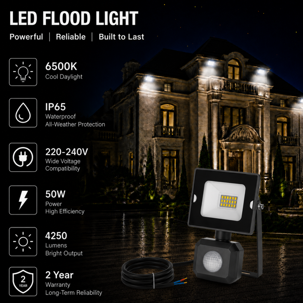 led flood light / 50w / motion sensor / 4250lm / 6500k / 2 year warranty