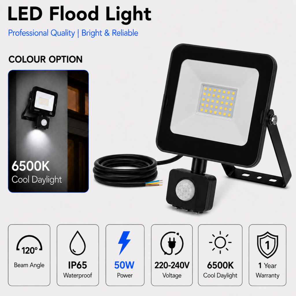 led flood light / 50w / motion sensor / 3800lm / 6500k / 1 year warranty