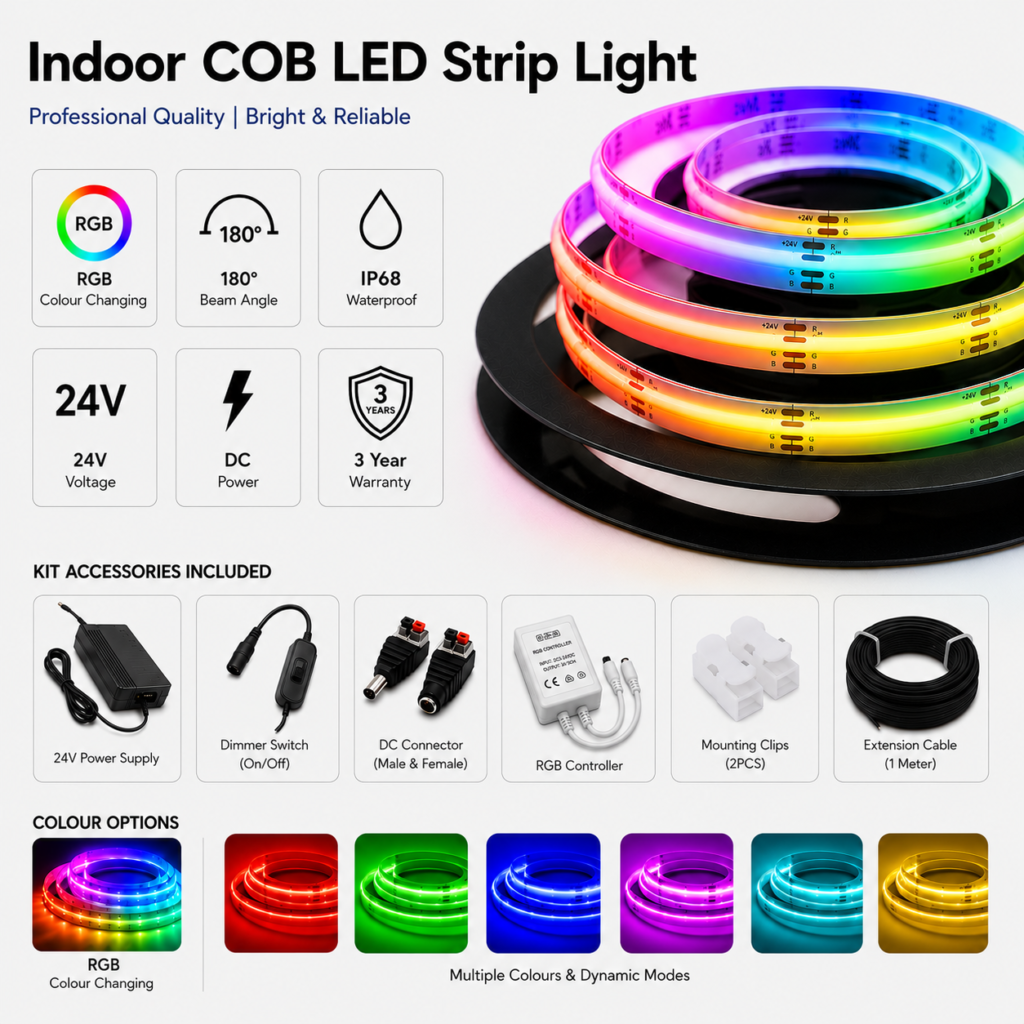 led cob strip light diy kits rgb / colour changing / waterproof decks, gardens, patios, pathways, pergolas, swimming pools