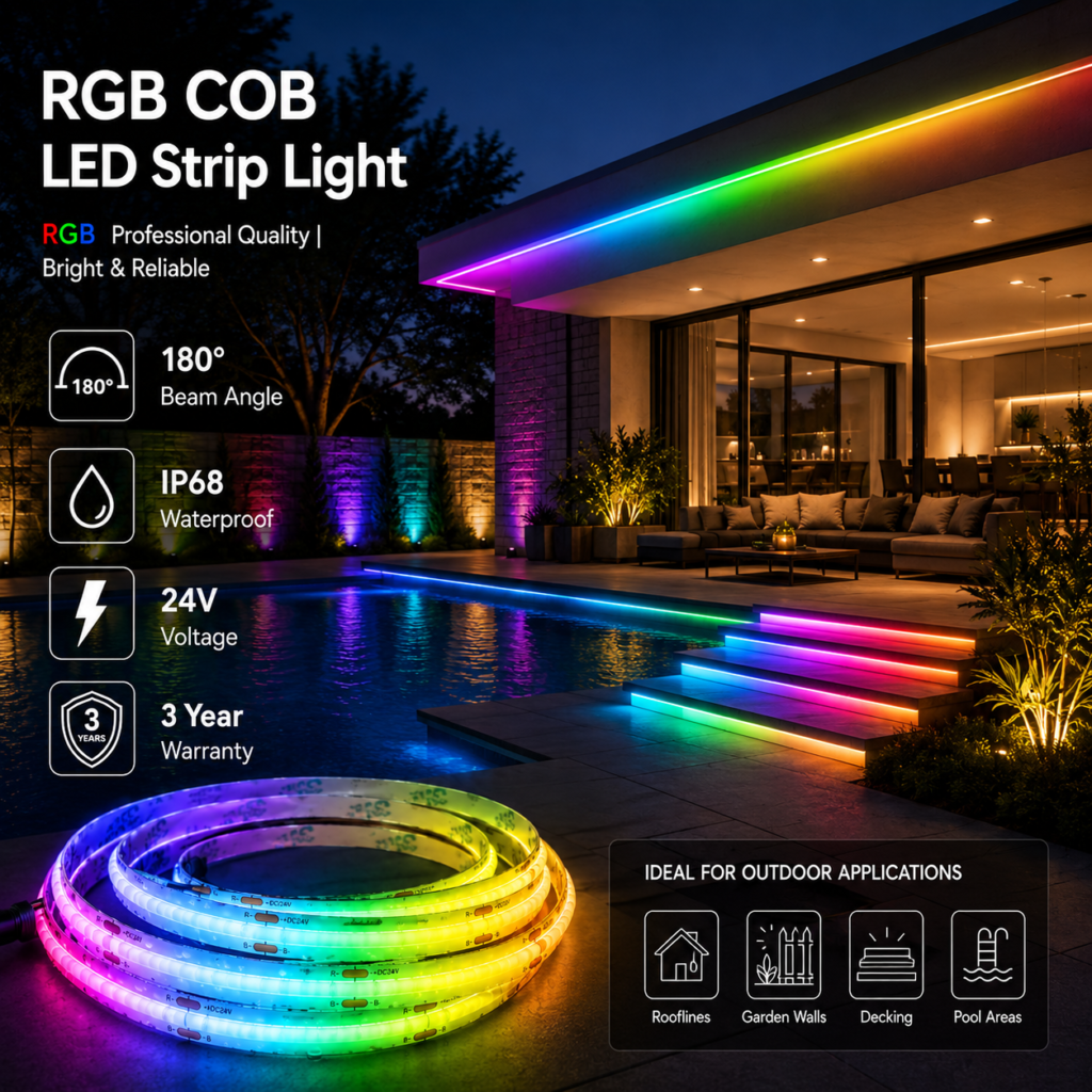 led cob strip light diy kits rgb / colour changing / waterproof decks, gardens, patios, pathways, pergolas, swimming pools