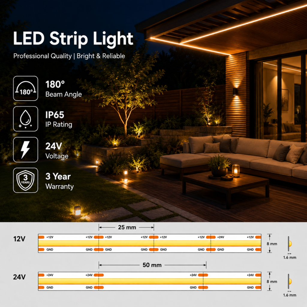 led strip lights / cob / 24v / 10w/m / warm / natural / cool white / blue / ip65 / 3 year warranty