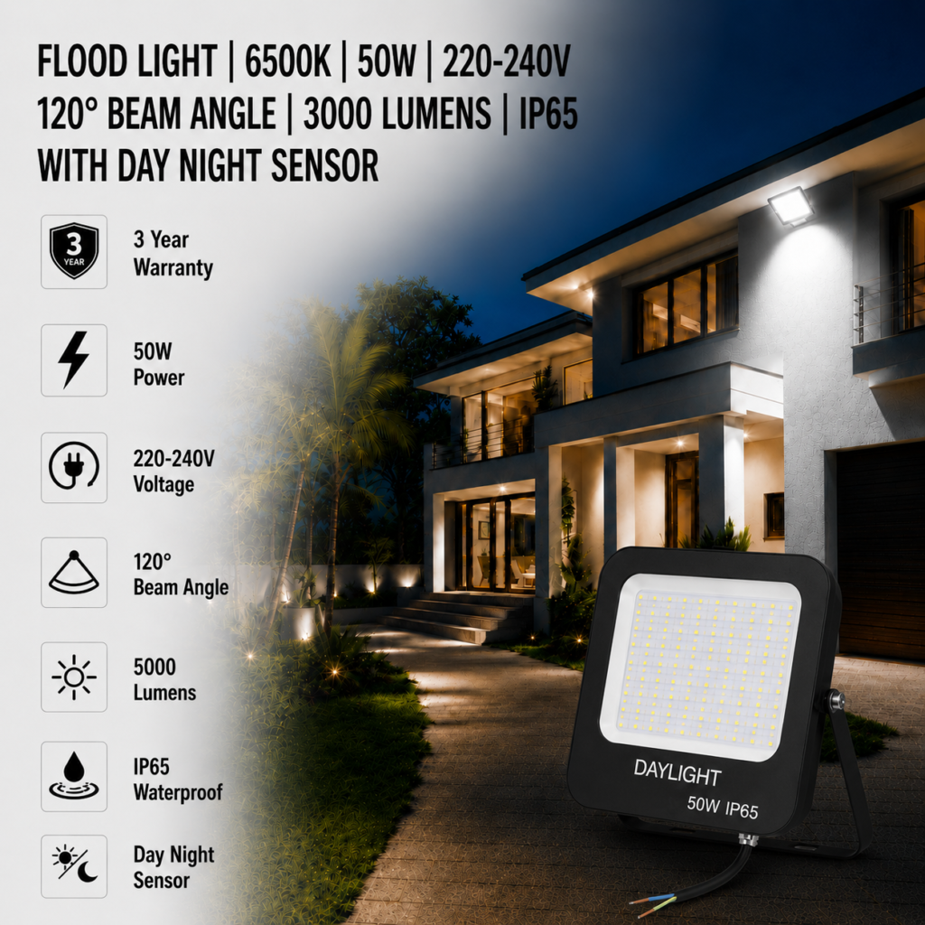 led flood light 50w prime day night range / 5000 lumens / area 250 m² / 6000k daylight / 120° angle