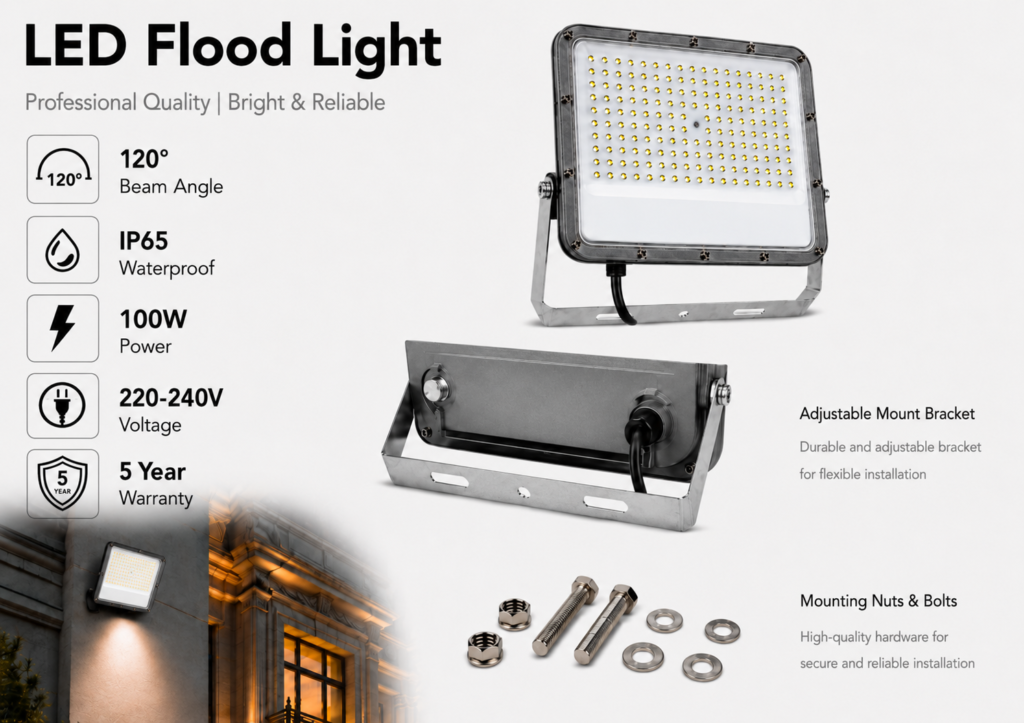 led flood light 100w premier coastal range / 11 000 lumens / area 300 m² / 6000k daylight / 120° angle