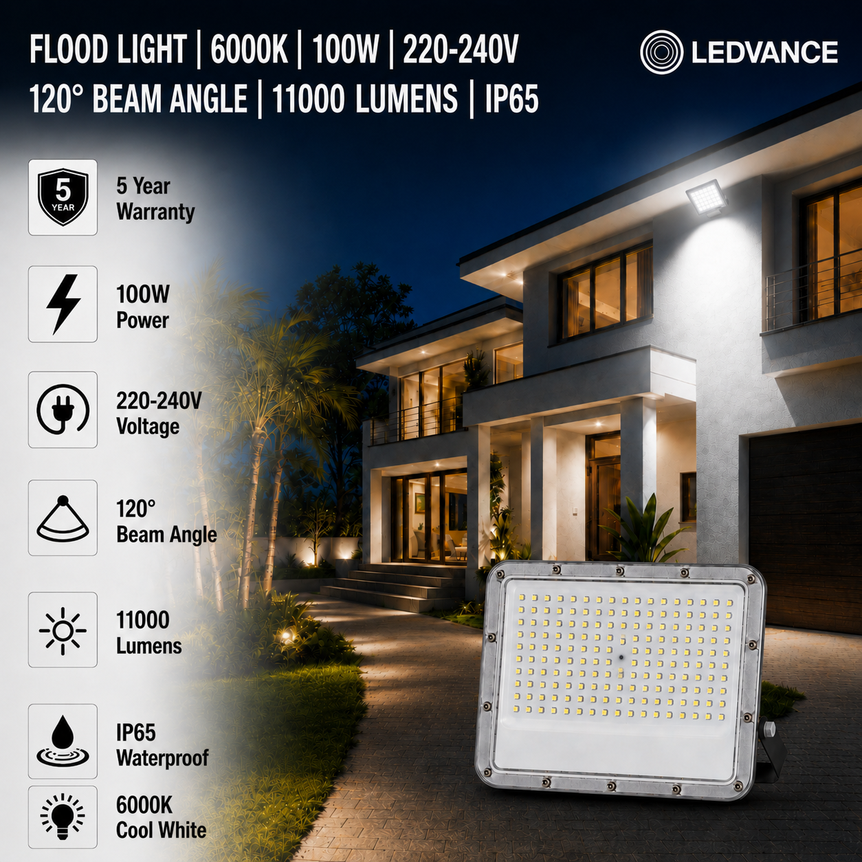 led flood light 100w premier coastal range / 11 000 lumens / area 300 m² / 6000k daylight / 120° angle