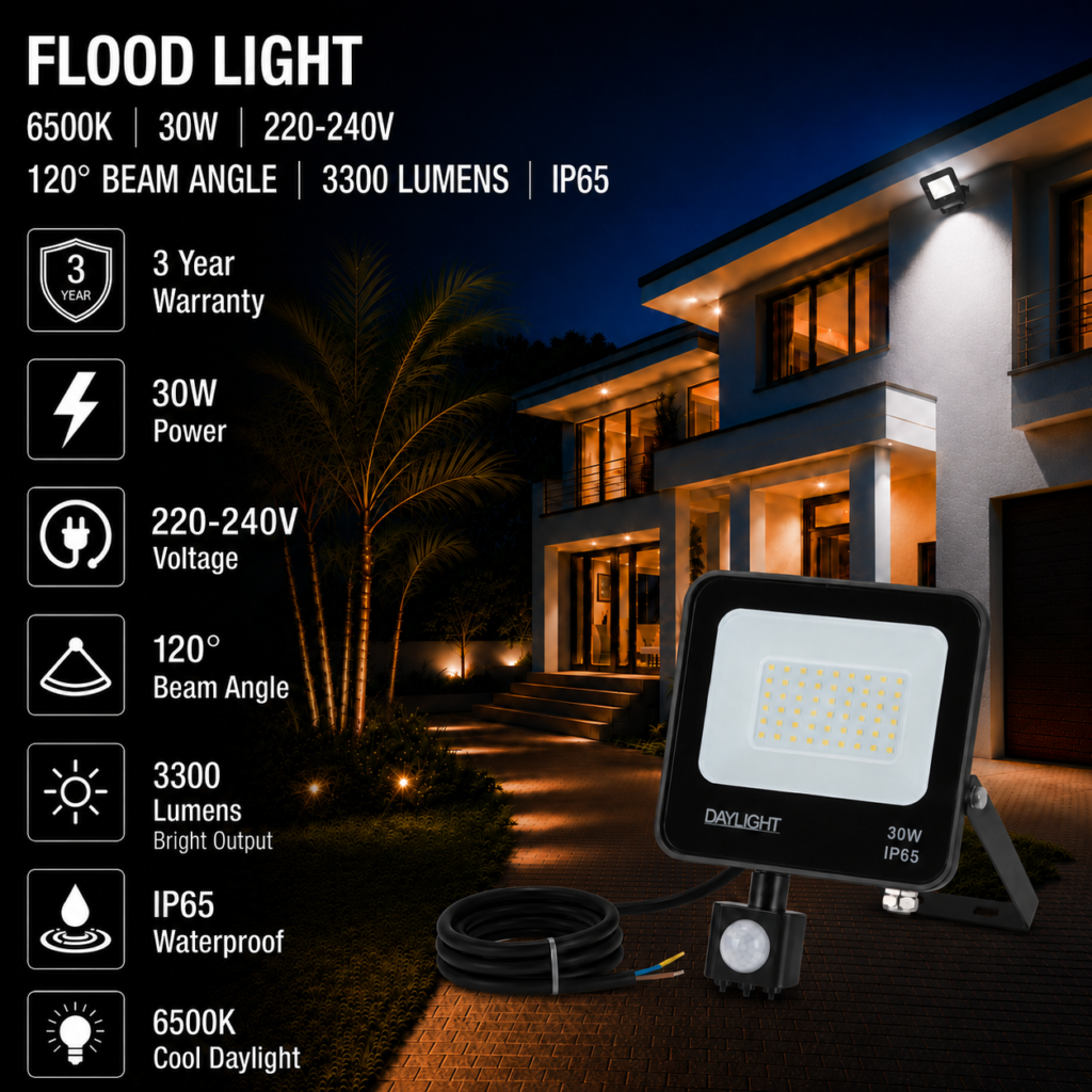 led flood light / 30w / motion sensor / 3300lm / 6500k / 3 year warranty