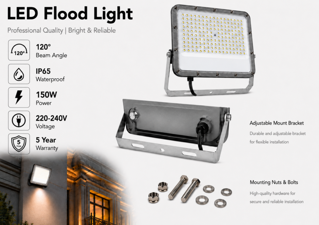 led flood light 150w premier coastal range / 16 500 lumens / area 700 m² / 6000k daylight / 120° angle