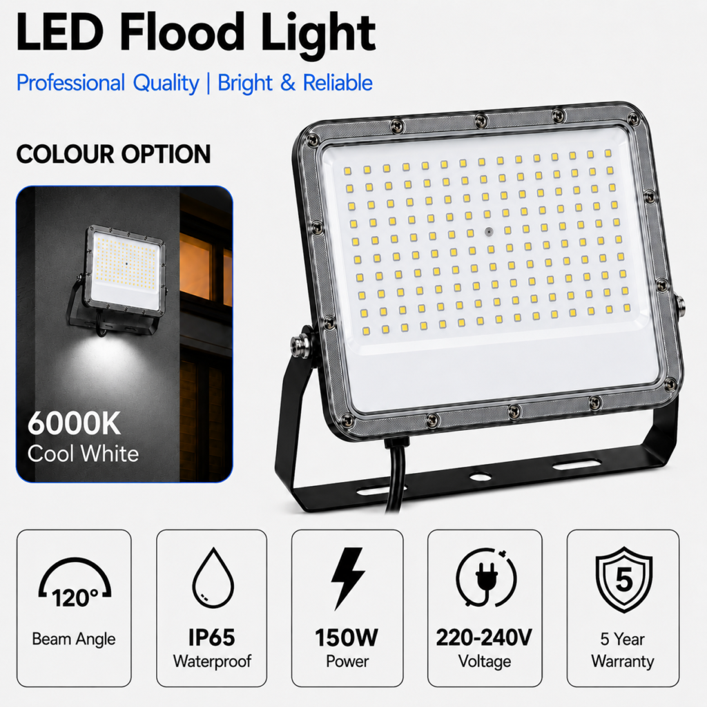 led flood light 150w premier coastal range / 16 500 lumens / area 700 m² / 6000k daylight / 120° angle