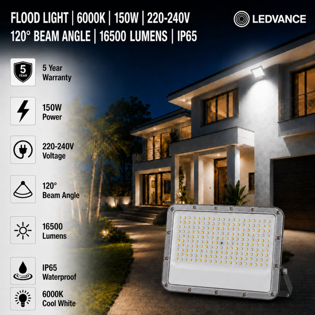 led flood light 150w premier coastal range / 16 500 lumens / area 700 m² / 6000k daylight / 120° angle