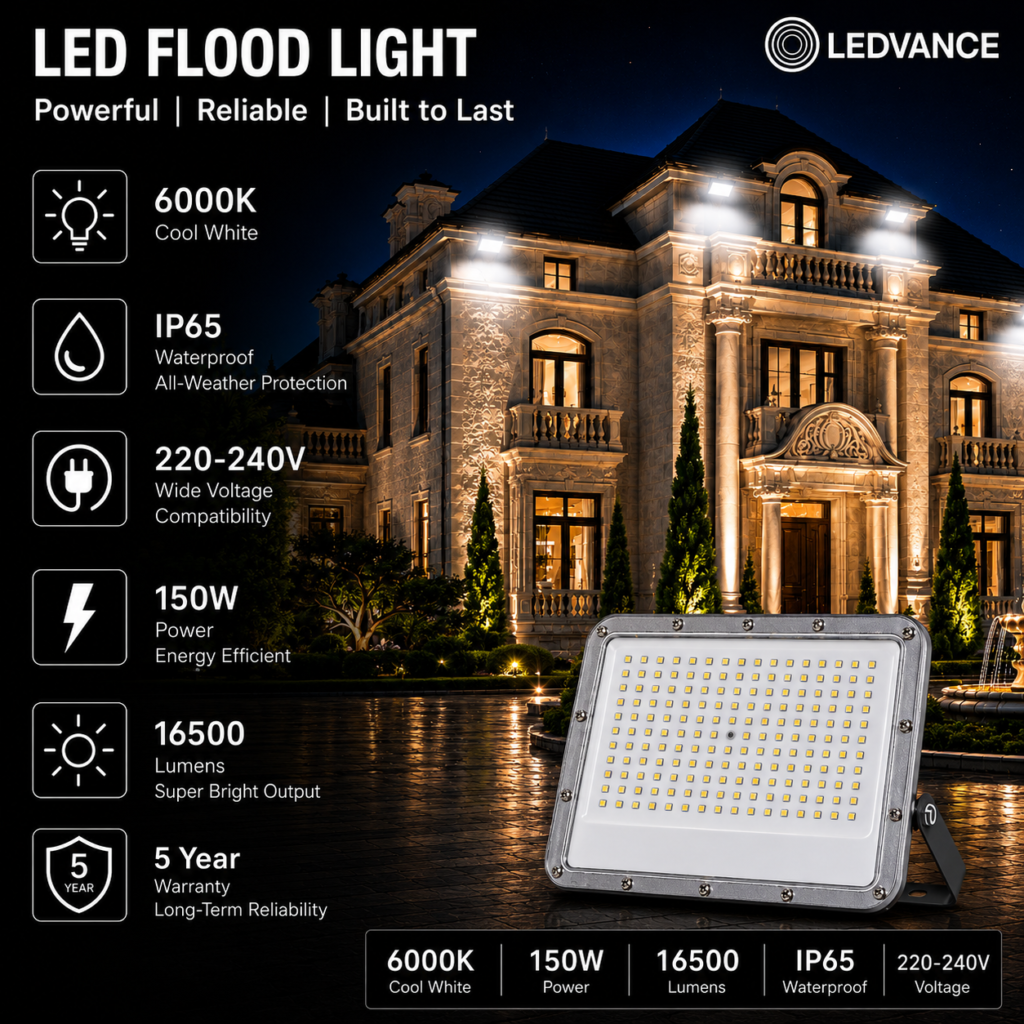 led flood light 150w premier coastal range / 16 500 lumens / area 700 m² / 6000k daylight / 120° angle