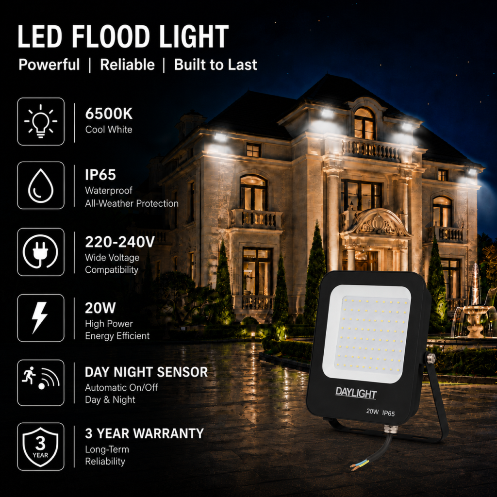 led flood light 20w prime day night range / 2000 lumens / area 70 m² / 6000k daylight / 120° angle